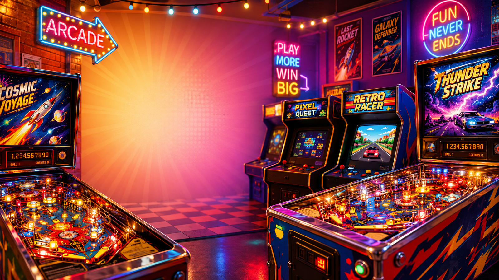 Bright arcade and pinball machines